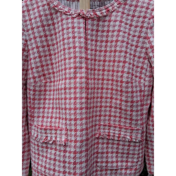 💐EUC TALBOTS Blazer Jacket Pink White Checkered Tweed Fringe Sz. 12 - Picture 2 of 14